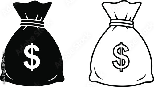 Money bags with dollar signs black and white illustration isolated on transparent background, Vector