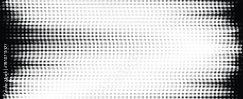 Abstract vector black and white halftone dot gradient with horizontal glitch distortion effect. Monochrome digital signal interference on a white background.