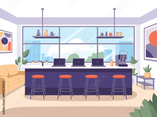 Modern office breakroom features bar seating.