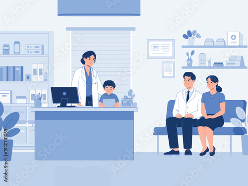 Doctor speaks with family in clinic waiting area.