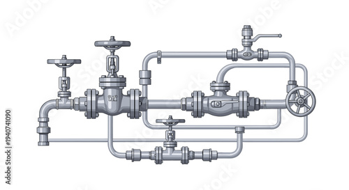 An intricate industrial piping system with numerous grey metal valves and interconnected pipelines is meticulously arranged on a pristine white background.