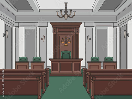 Empty courtroom interior features judge bench.