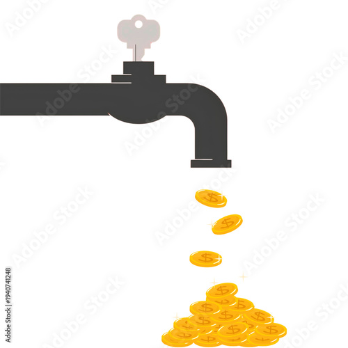 Faucet Pouring Gold Coins Illustration of Cash Flow, Income, Revenue and Financial Leak