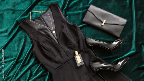 Elegant evening outfit flatlay with black dress, clutch bag, stilettos, gold necklace and perfume bottle on velvet background