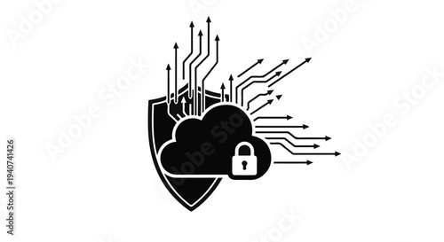 Cybersecurity shield with cloud and padlock, data protection and secure online concept, technology and internet security symbol, modern black and white illustration