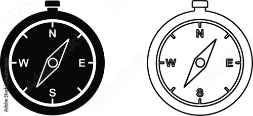 Compass navigation direction black and white isolated on transparent background, Vector