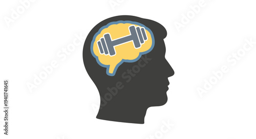 Silhouette Profile of a Human Head with a Stylized Yellow Brain Inside Showing a Dumbbell for Brain Training Concept