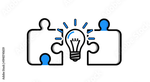 Two Jigsaw Puzzle Pieces Connecting to Form a Bright Light Bulb Idea Concept