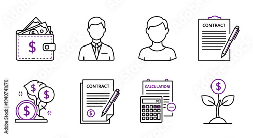 Wallet with Cash Business Person Icons Contract Calculator and Money Plant in a Modern Flat Design Style