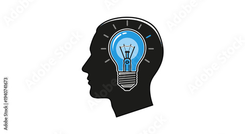 Silhouette Profile of a Human Head with a Bright Blue Glowing Light Bulb Inside Symbolizing Creative Thinking and New Ideas
