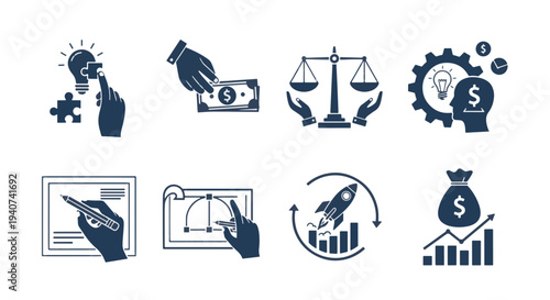 Business Strategy and Finance Growth Concepts Puzzle Piece Idea and Legal Balance Scales and Launch Rocket Startup