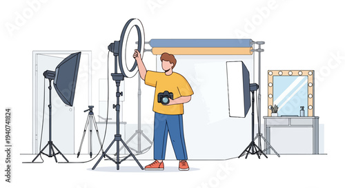A cartoon man setting up lighting equipment for photography in a studio with a flat 2D design, conveying a social media influence theme.