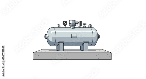A solitary horizontal grey metal storage tank, equipped with two visible pressure gauges, is securely positioned on a sturdy concrete base against a plain white background.