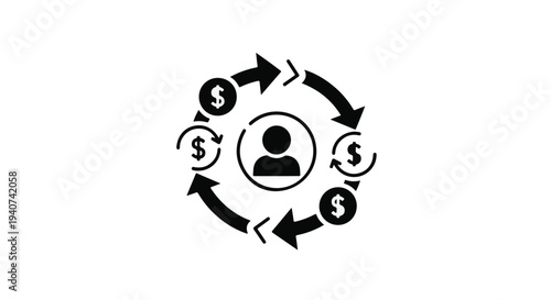 Financial cycle money flow around person icon, cash circulation and exchange concept, business and finance illustration