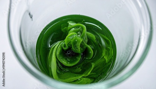 Vibrant green cultivated algae paste swirling within a transparent laboratory beaker, revealing its rich texture.