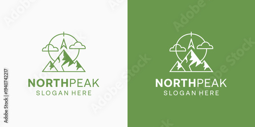 Mountain and compass vector logo design with modern, simple, clean and abstract style.
