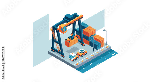 An isometric gantry crane is efficiently loading an orange shipping container onto a white truck at a bustling port terminal.