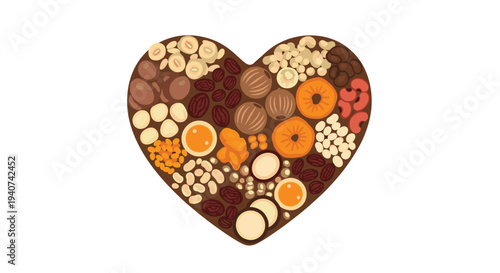A heart-shaped outline is intricately filled with a rich assortment of various dried fruits and nuts, including hazelnuts, cashews, and dried apricots, on a dark brown surface.