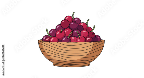 A light brown wooden bowl, displaying prominent horizontal grain, is filled to the brim with numerous ripe red cherries, each retaining its small green stem.