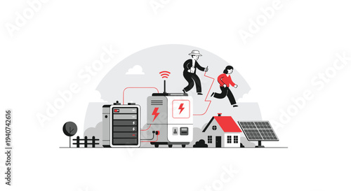 A man and a woman are running away from a battery storage unit and a generator connected to a house with a solar panel.