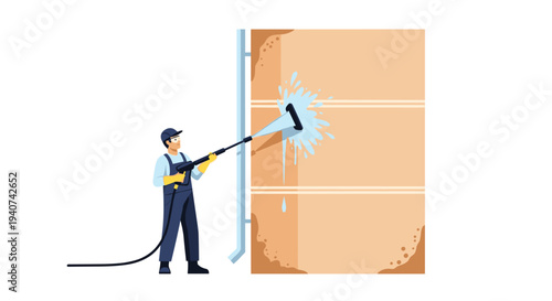 A uniformed worker is diligently cleaning a dirty light brown wall using a high-pressure washer, causing water to splash and reveal a clean section.