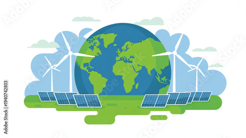 Eco friendly renewable energy sources around the earth with solar panels and wind turbines on a green landscape with clouds
