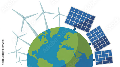 Earth with solar panels and wind turbines for renewable energy and sustainable power generation on a white background