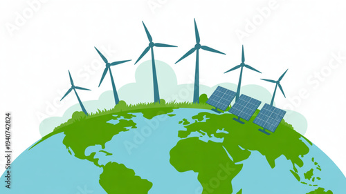 Eco friendly globe with renewable energy sources solar panels and wind turbines on green earth with blue oceans symbolizing sustainable living and clean energy