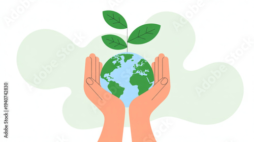 Hands cradling earth globe with green leaves sprouting symbolizing eco friendly care and environmental protection