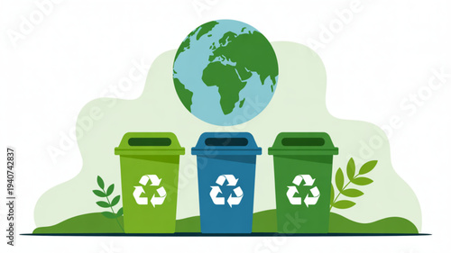 Recycling bins with recycling symbols under the earth representing eco friendly practices and sustainable living for a greener planet