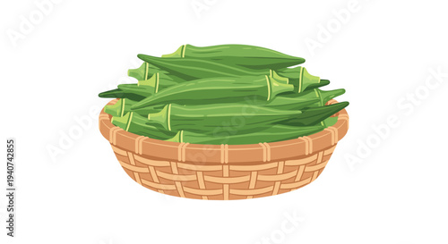 A robust light brown woven basket is abundantly filled with plump, fresh green okra pods, presented from a slightly frontal perspective.