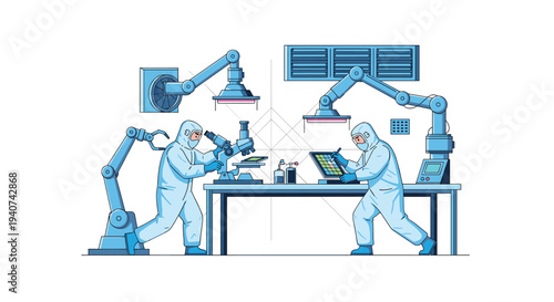 Two scientists in white hazmat suits are meticulously working with robotic arms and advanced equipment in a sterile laboratory.