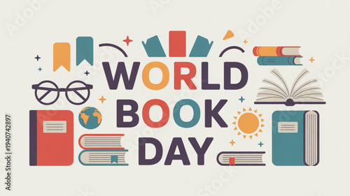 World book day celebration with colorful books and reading accessories on a white background
