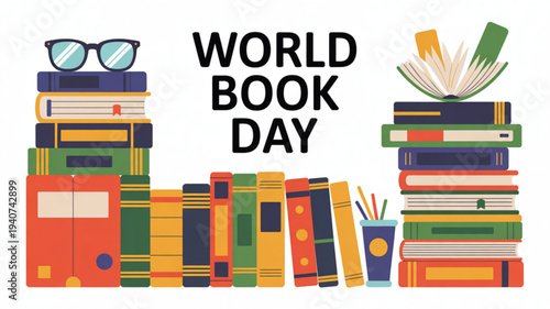 Colorful illustration of stacked books with glasses and pencils celebrating world book day on white background