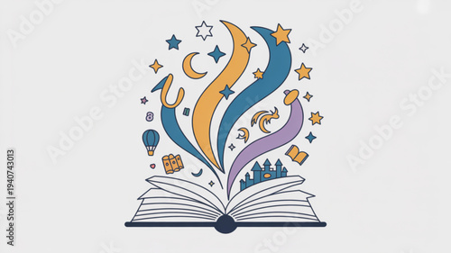 Open book with colorful swirling elements stars moon and whimsical illustrations flying out