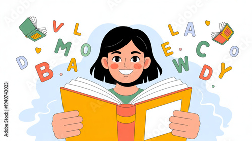 Smiling girl reading book with floating letters and books around her head in colorful illustration
