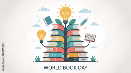 Vibrant world book day illustration with stacked books tree light bulbs