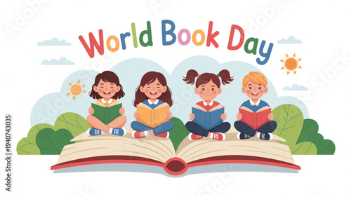 Four children sitting on a large open book celebrating world book day with colorful text and sunny background