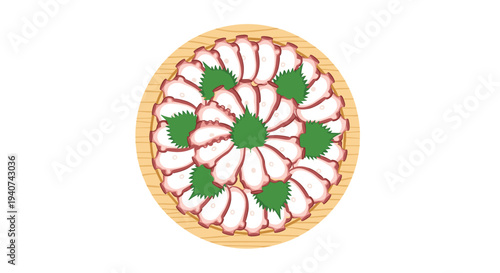 A circular wooden platter holds numerous thin, translucent slices of cooked octopus tentacles, meticulously arranged in a beautiful concentric floral pattern with green shiso leaves.