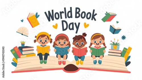 Four diverse children sitting on an open book celebrating world book day with colorful books and stationery around them