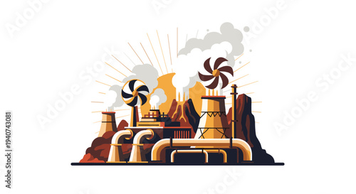 An industrial factory complex with multiple buildings, smokestacks, and large rotating fans is depicted against a radiating sunburst on a white background.