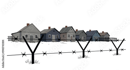 A prominent multi-strand barbed wire fence with dark posts stands in the foreground, separating the viewer from a linear row of seven weathered wooden houses.