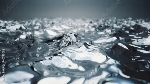 Extreme close-up of rippling water shows glossy, metallic reflections as raindrops pepper the surface, forming crowns and peaks; shallow depth of field fades the choppy expanse into a misty horizon.