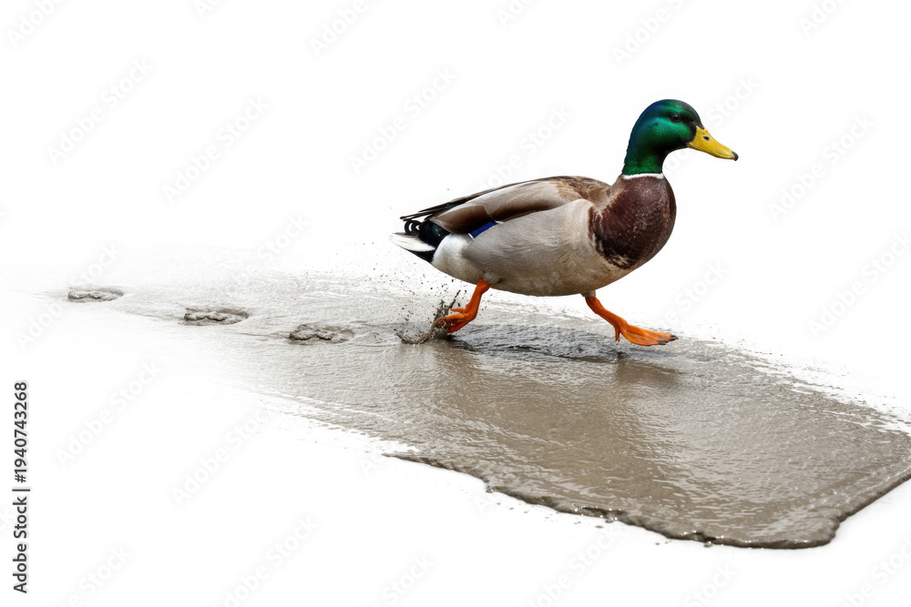 Obraz premium A duck walks through a puddle and leaves tracks. Space for text.