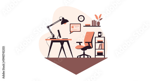 A modern home office workspace with a computer desk, ergonomic chair, desk lamp, and a wall shelf with decor is arranged on a light background.