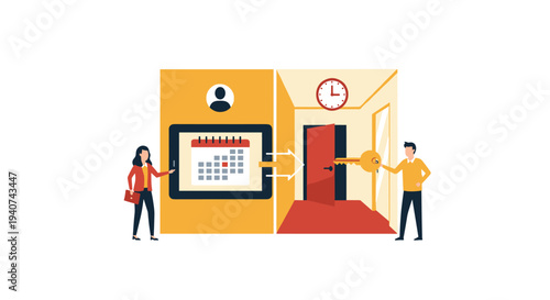 A conceptual illustration shows a woman scheduling an appointment on a tablet, leading to a man holding a key by an open door.