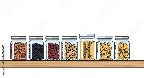 A single light wooden shelf holds a perfectly aligned row of seven clear glass jars filled with distinct dry goods including lentils, beans, and various pastas.