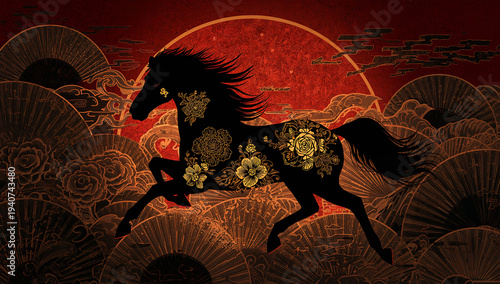 陰影を強めた赤と金の和柄背景に走る黒い馬のシネマ素材