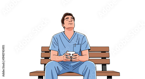 A healthcare worker in blue scrubs sits on a wooden bench holding a coffee cup in a flat 2D illustration with a post-pandemic health theme.