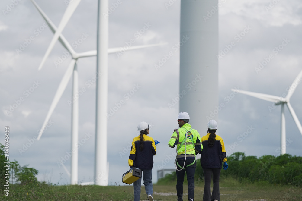 Fototapeta premium Windmill engineers inspection and progress check wind turbine